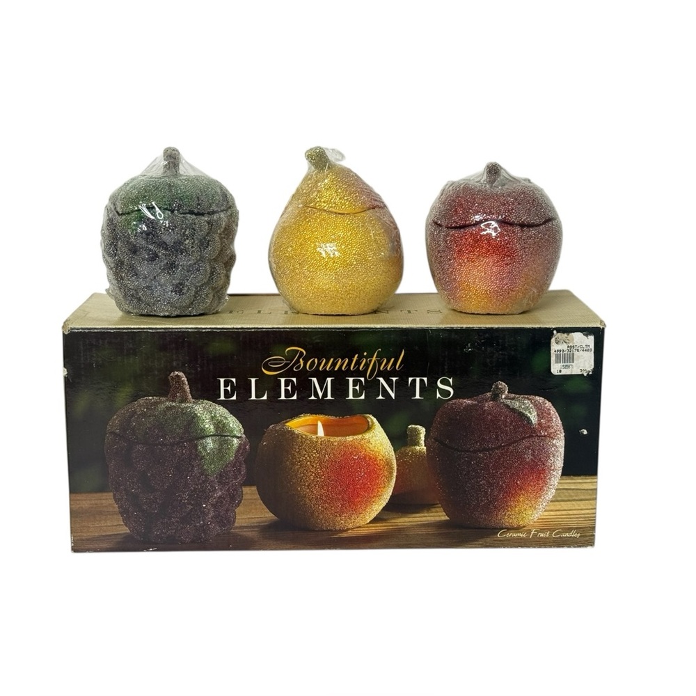 Bountiful Elements Ceramic Fruit Candles Grapes Pear Apple 3.25"‎ Diameter
